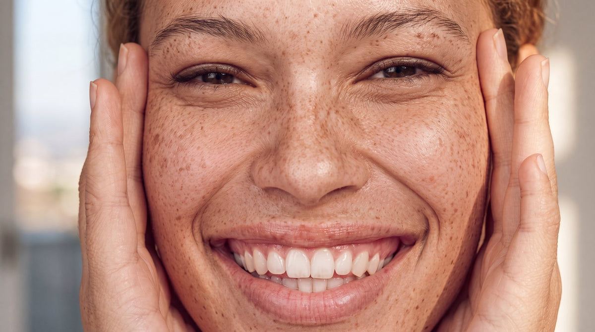 A woman smiling with both hands resting against her cheeks in daylight.