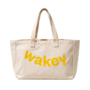 Cream Wakey Everything Tote with yellow lettering