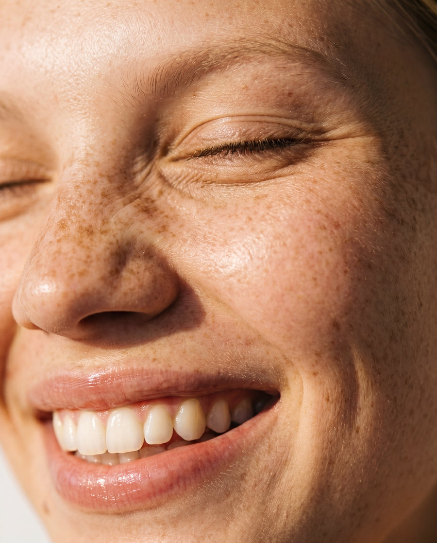 Close-up of a smiling face with eyes closed in warm morning sunlight